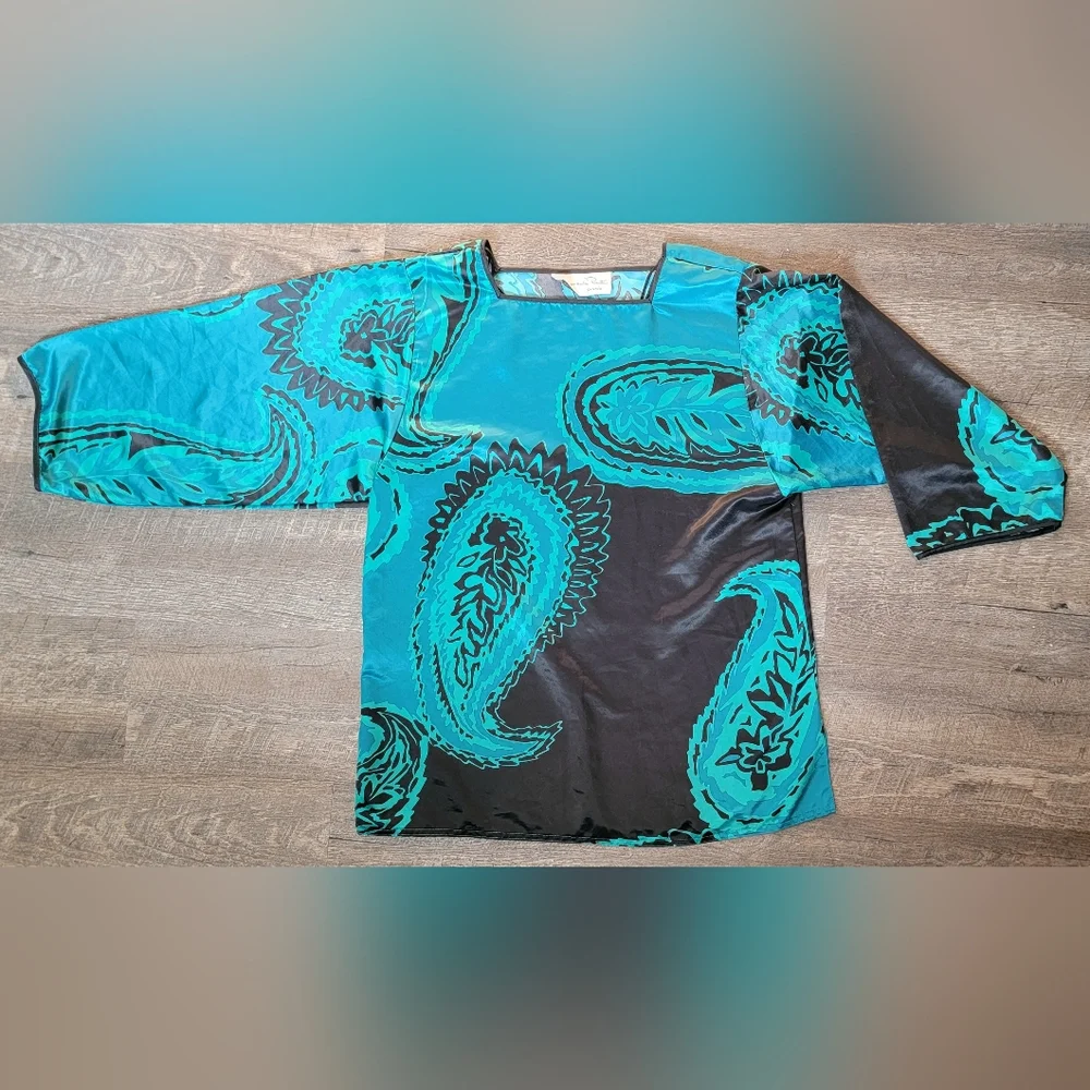 Oscar de la Renta for Swirl 80's 90's Vintage Kimono Blouse Womens M Black Teal - Picture 6 of 11